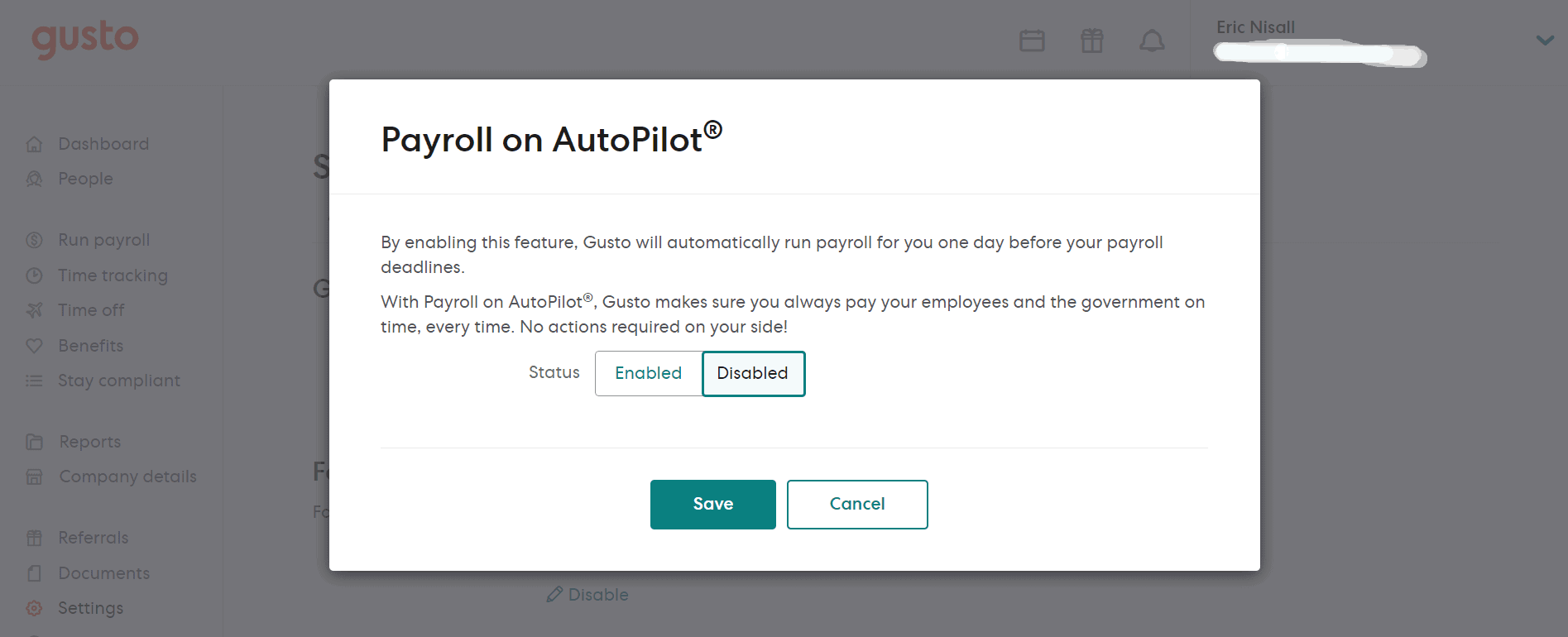 Automated Payroll feature of Gusto screenchot