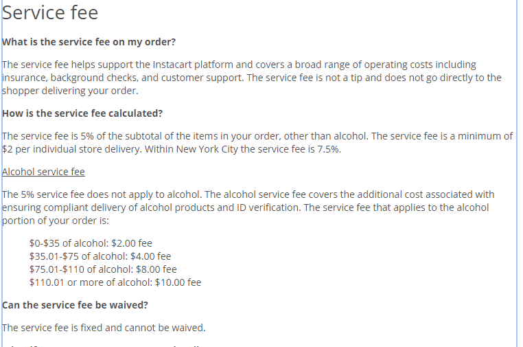 Instacart service fee info