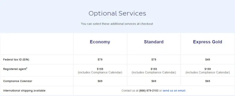 Chart showing the costs of LegalZoom Optional Services including obtaining an EIN for a limited liability company