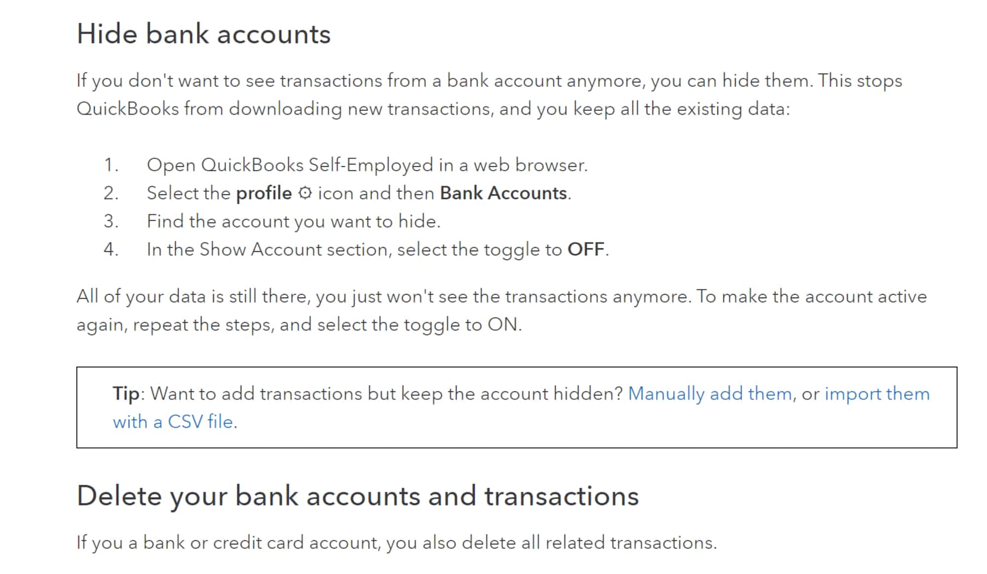 Screenshot of QuickBooks Self-Employed help article about deleting transactions also deleting transactions